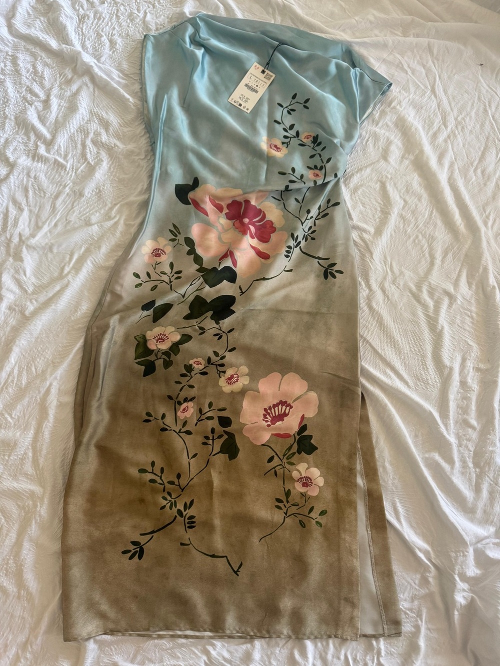 Zara Blue to Taupe Ombre Midi Dress with Pink Floral Print